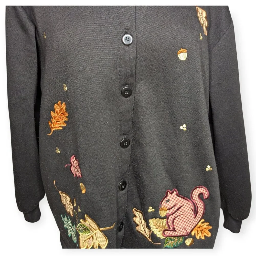 BonWorth Black Button Front Cardigan Leaf Squirrel & Fall Designs Size Large Pet